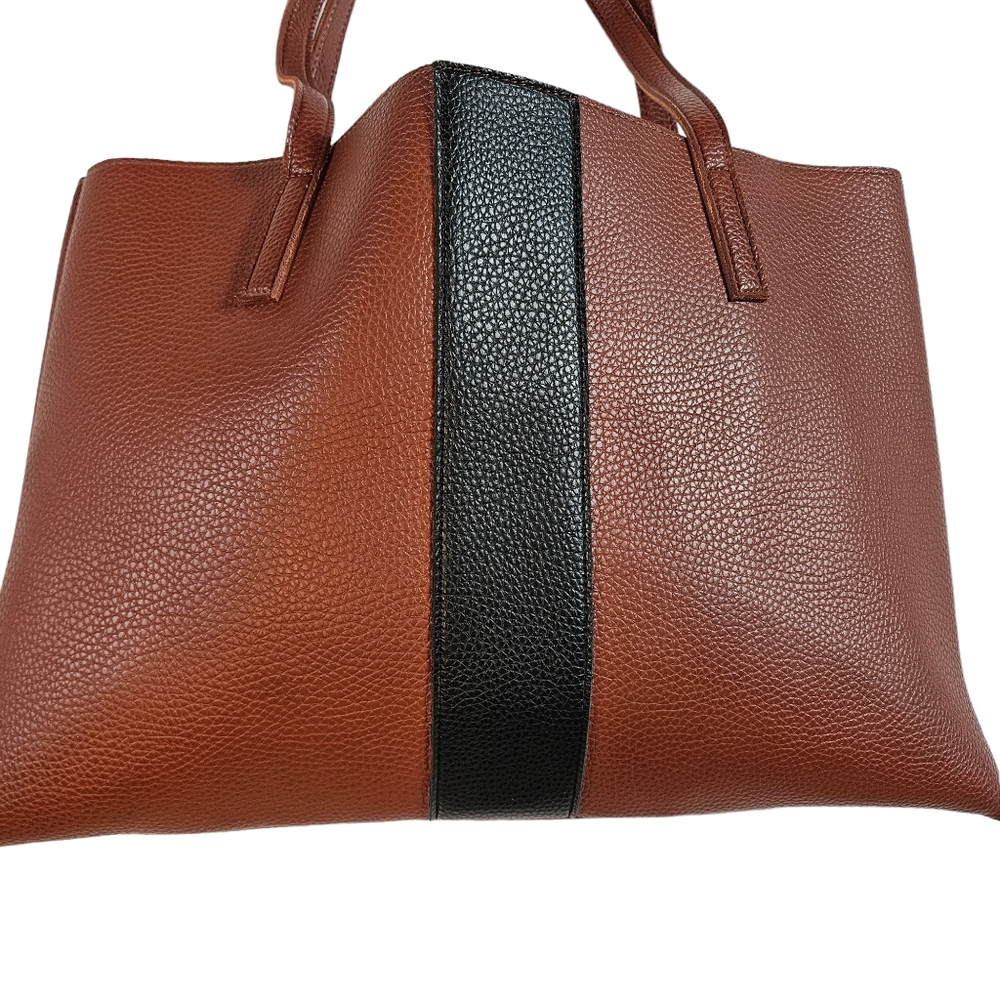 Vince Camuto Luck Brown Black Vegan Faux Leather Tote Bag Pebbled Laptop Career - Picture 6 of 13